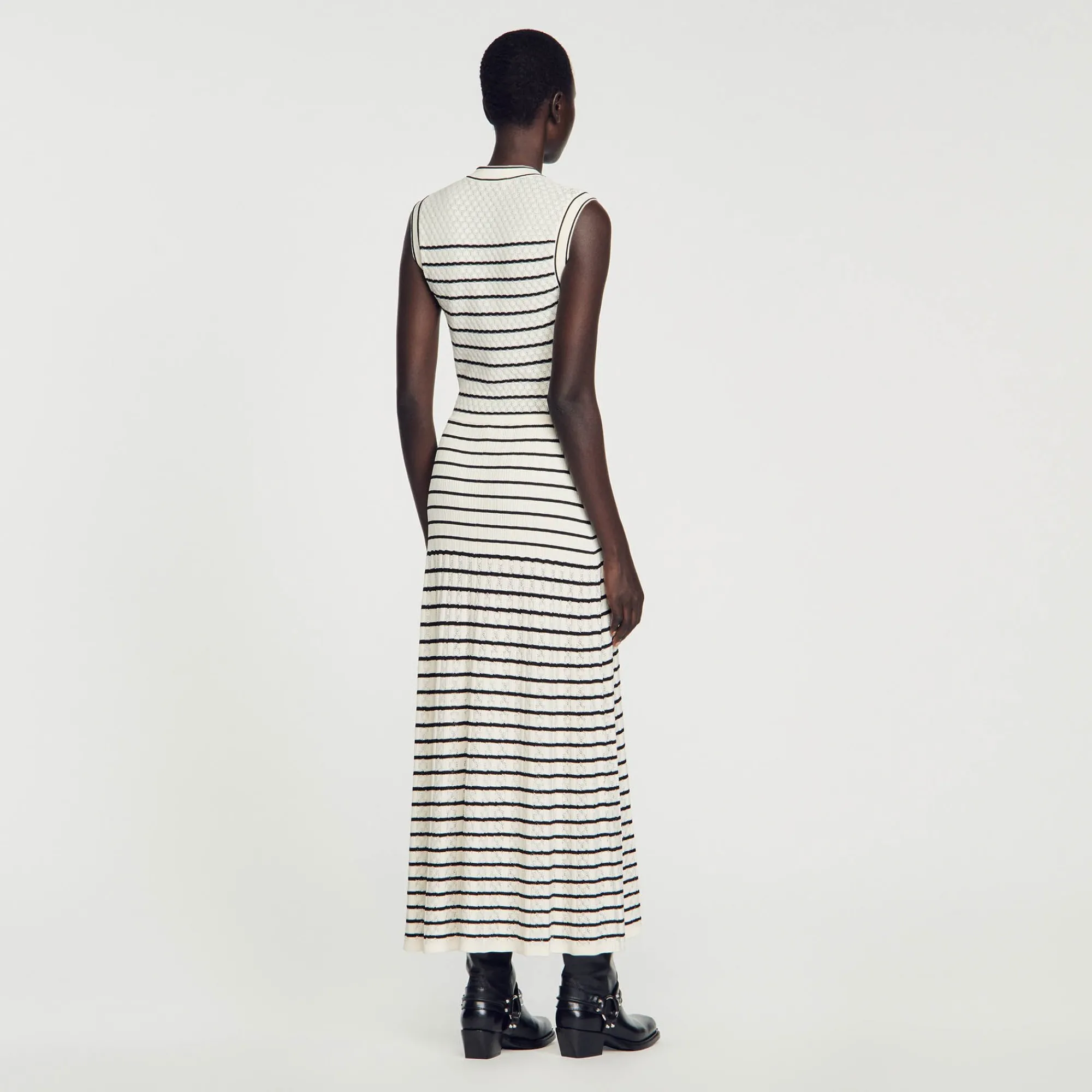 Robes*SANDRO Robe Midi En Maille à Rayures Blanc / Noir