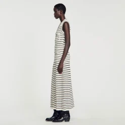 Robes*SANDRO Robe Midi En Maille à Rayures Blanc / Noir