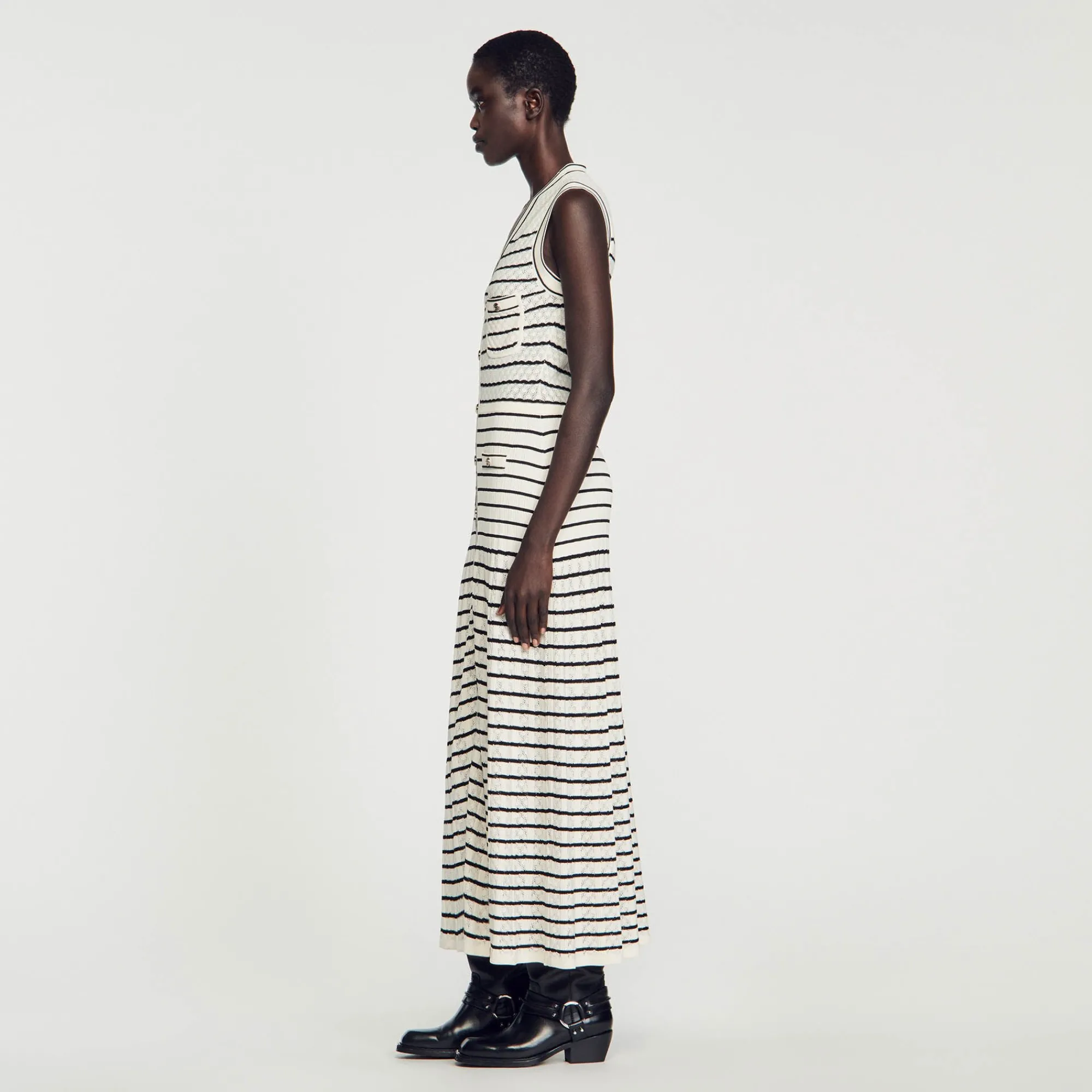 Robes*SANDRO Robe Midi En Maille à Rayures Blanc / Noir