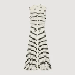 Robes*SANDRO Robe Midi En Maille à Rayures Blanc / Noir