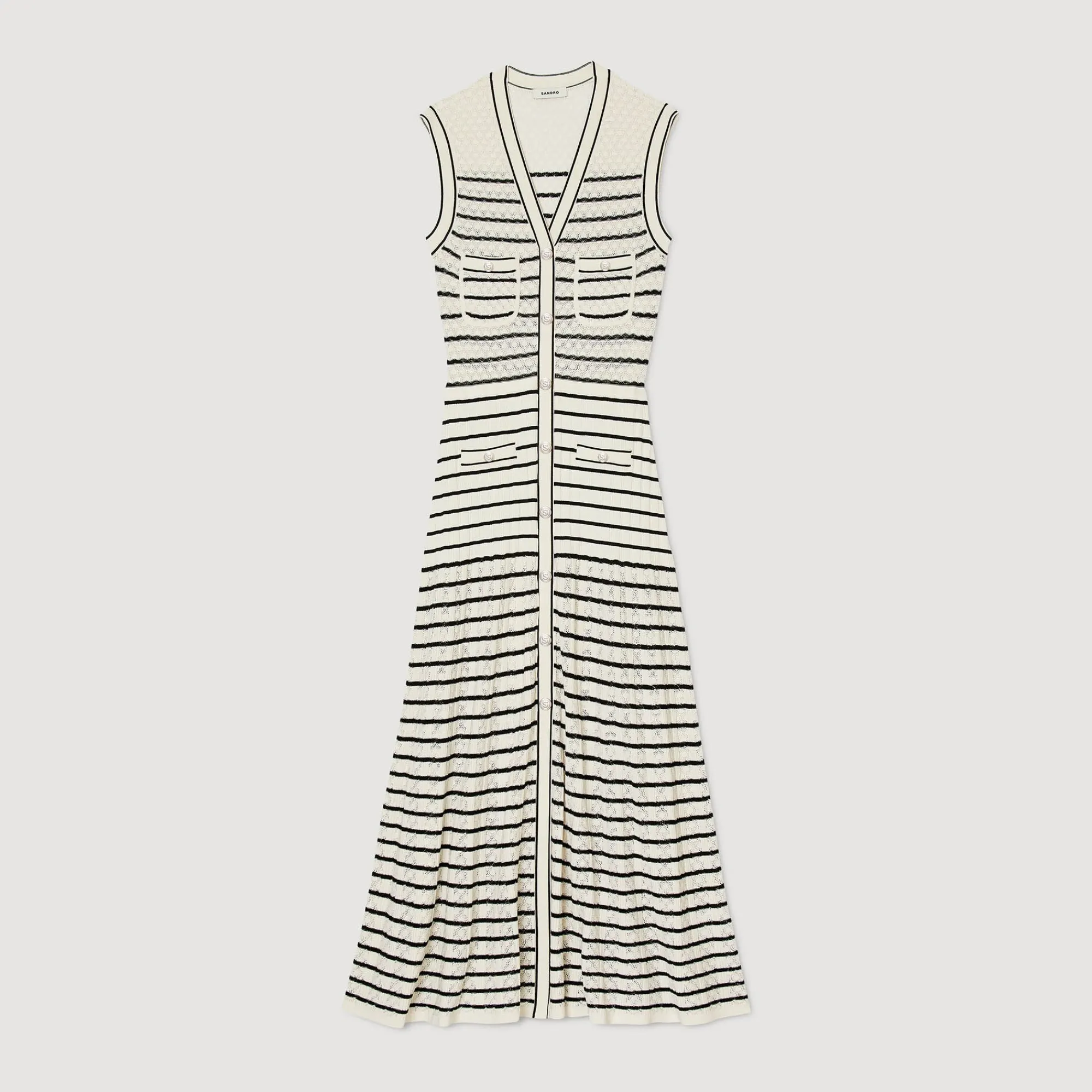 Robes*SANDRO Robe Midi En Maille à Rayures Blanc / Noir