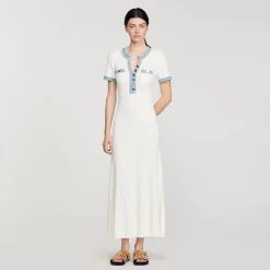 Robes*SANDRO Robe Midi En Maille Et Denim blanc