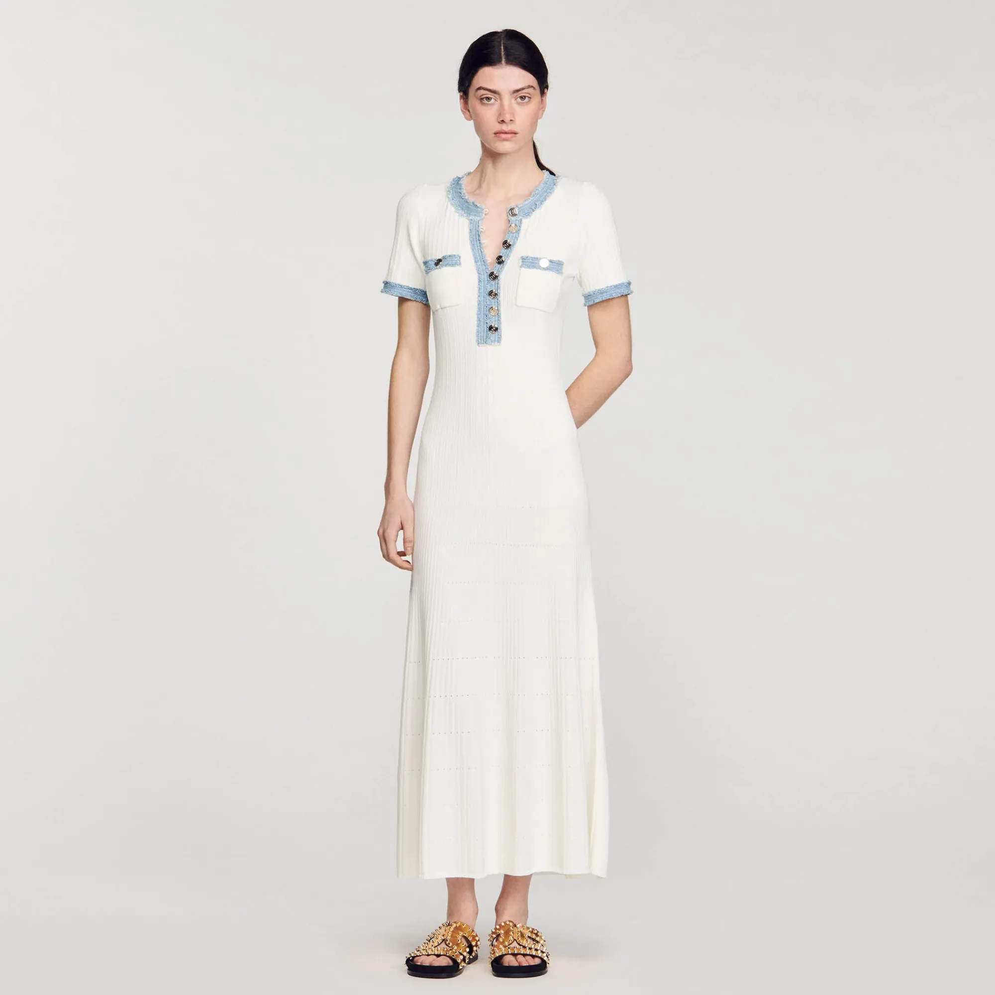 Robes*SANDRO Robe Midi En Maille Et Denim blanc