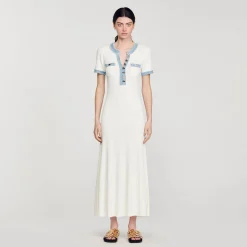 Robes*SANDRO Robe Midi En Maille Et Denim blanc