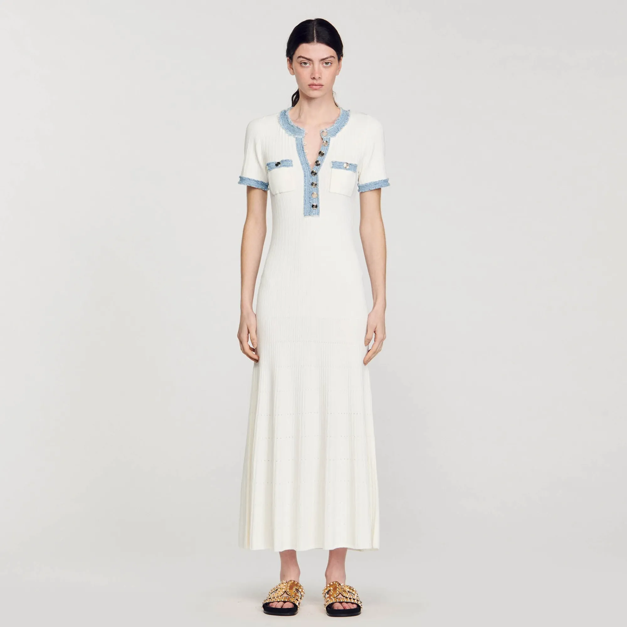 Robes*SANDRO Robe Midi En Maille Et Denim blanc