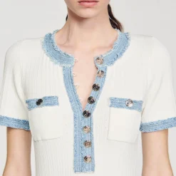 Robes*SANDRO Robe Midi En Maille Et Denim blanc