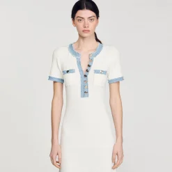 Robes*SANDRO Robe Midi En Maille Et Denim blanc