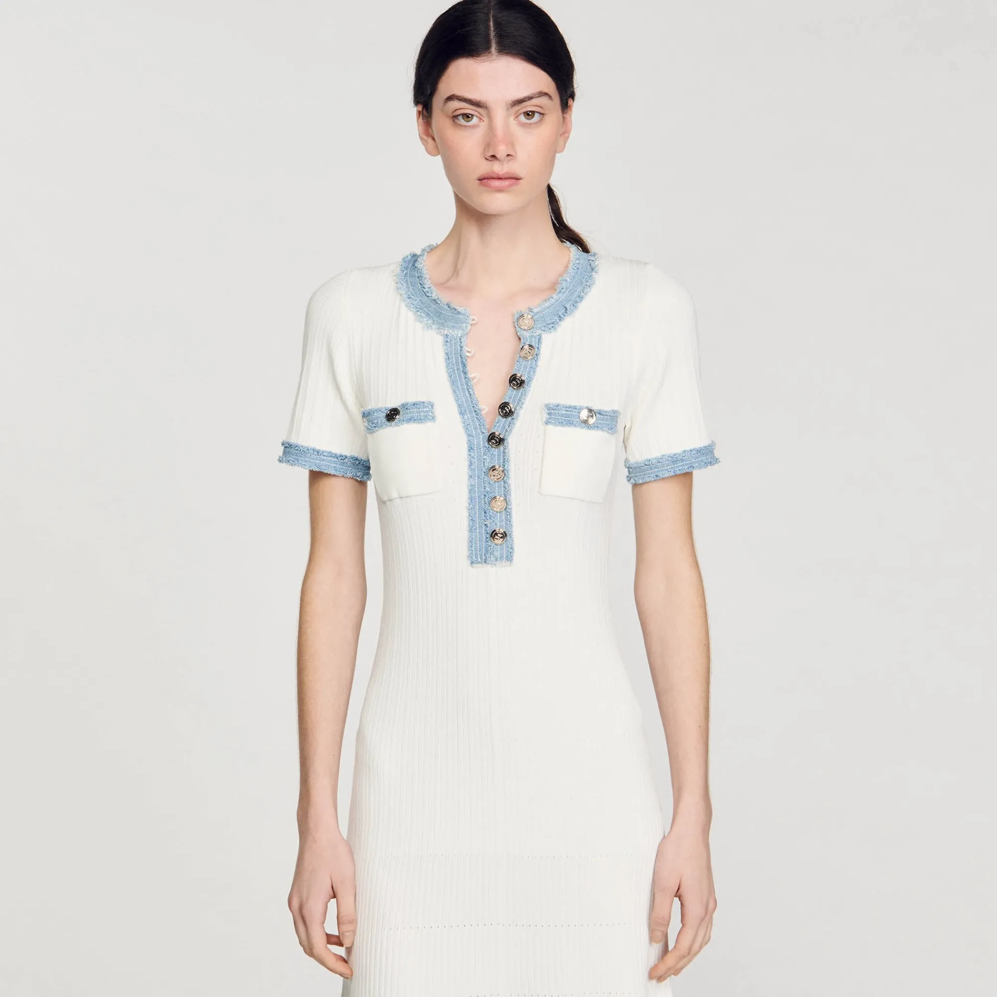 Robes*SANDRO Robe Midi En Maille Et Denim blanc