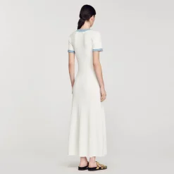 Robes*SANDRO Robe Midi En Maille Et Denim blanc