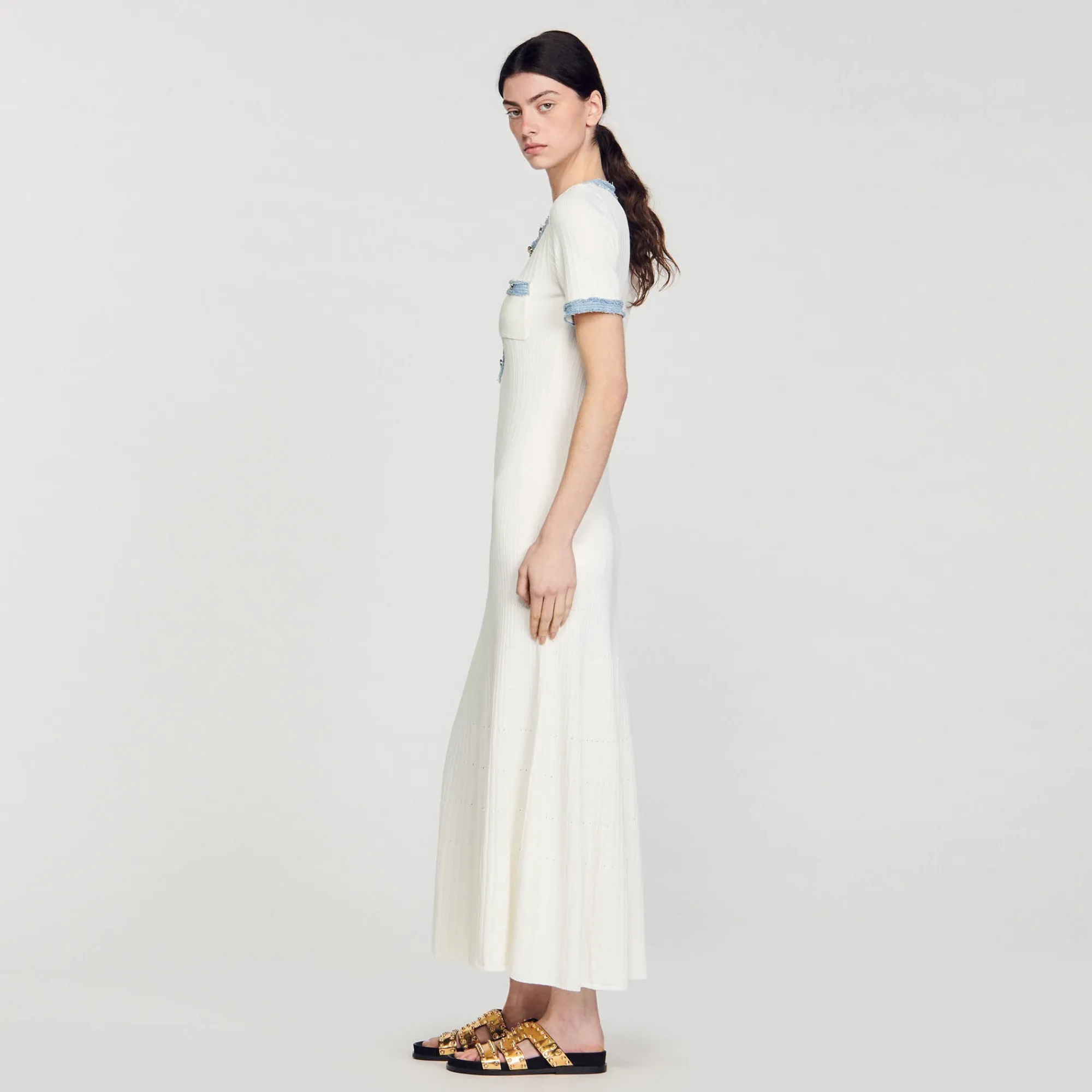 Robes*SANDRO Robe Midi En Maille Et Denim blanc