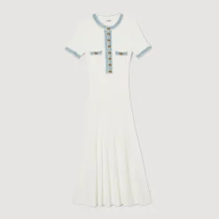 Robes*SANDRO Robe Midi En Maille Et Denim blanc
