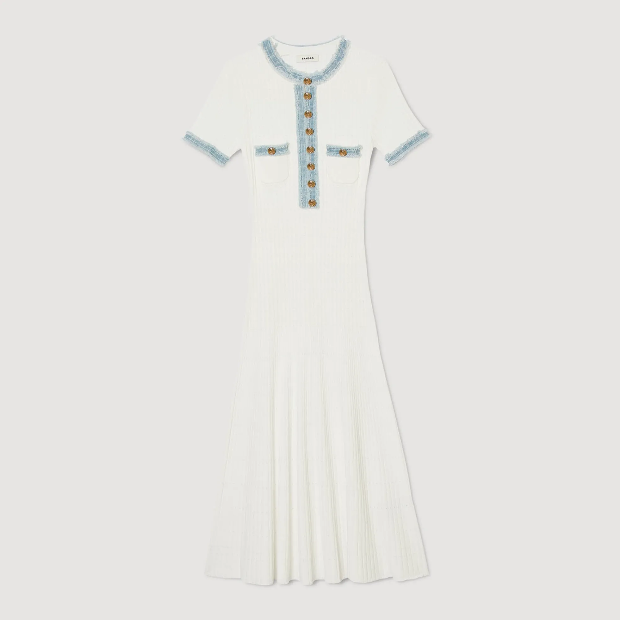 Robes*SANDRO Robe Midi En Maille Et Denim blanc
