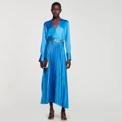 Robes*SANDRO Robe Midi Satinée Plissée Bleu Pétrole