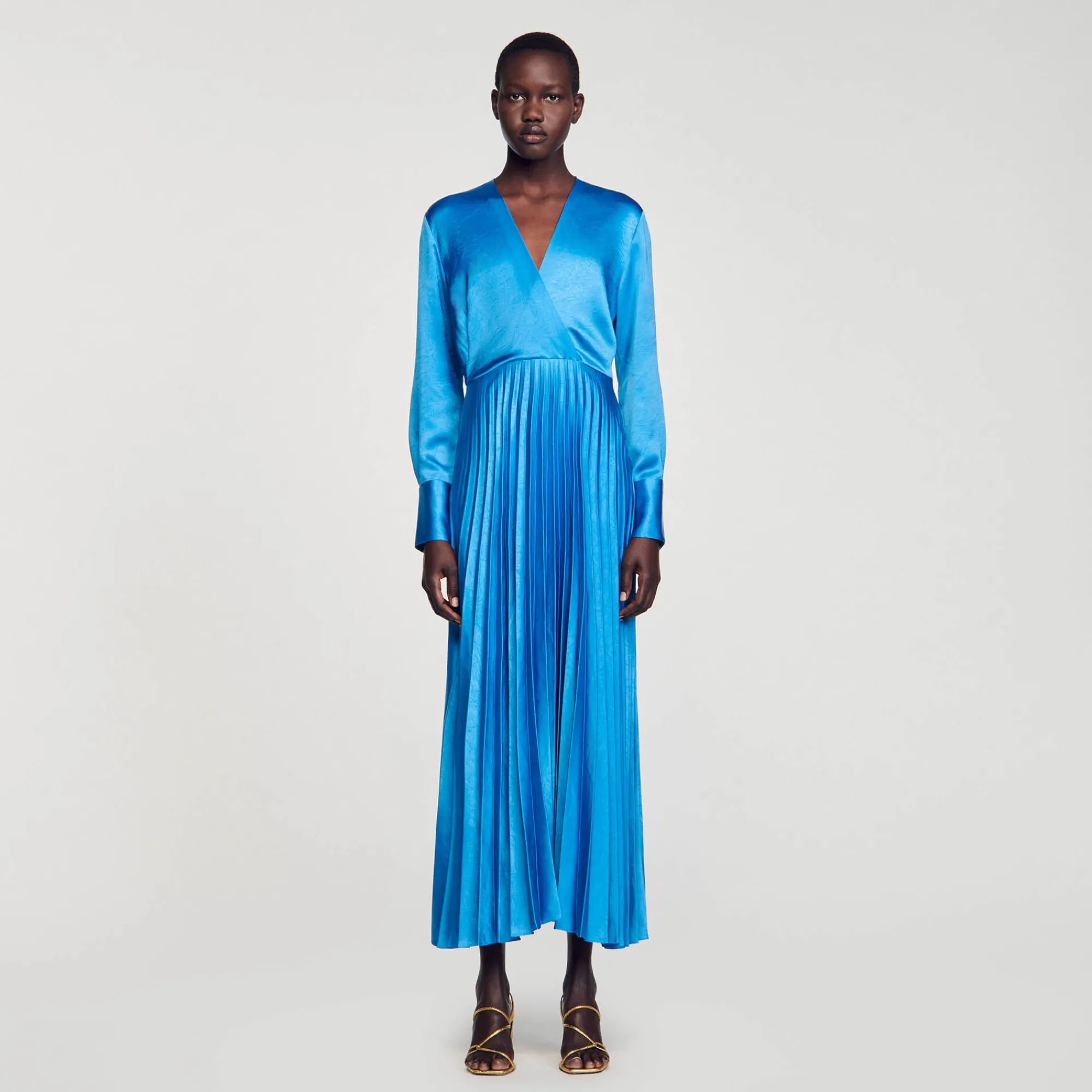 Robes*SANDRO Robe Midi Satinée Plissée Bleu Pétrole