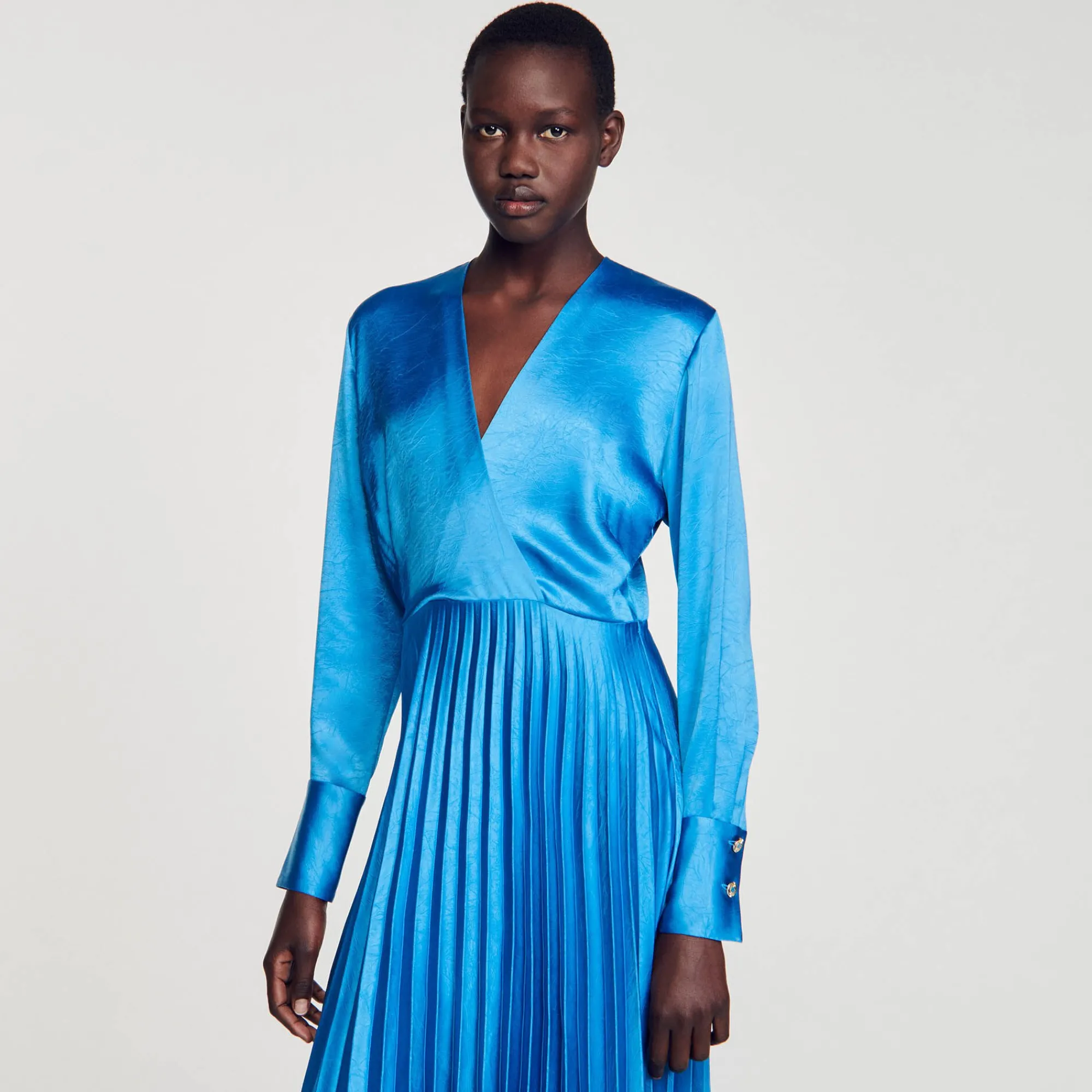 Robes*SANDRO Robe Midi Satinée Plissée Bleu Pétrole