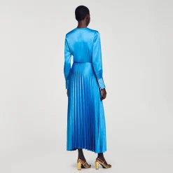 Robes*SANDRO Robe Midi Satinée Plissée Bleu Pétrole