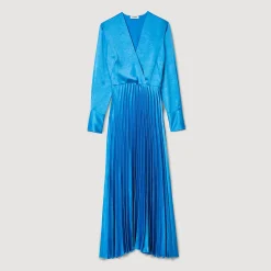 Robes*SANDRO Robe Midi Satinée Plissée Bleu Pétrole