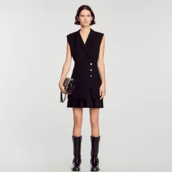 Robes*SANDRO Robe Plissée En Tweed Noir