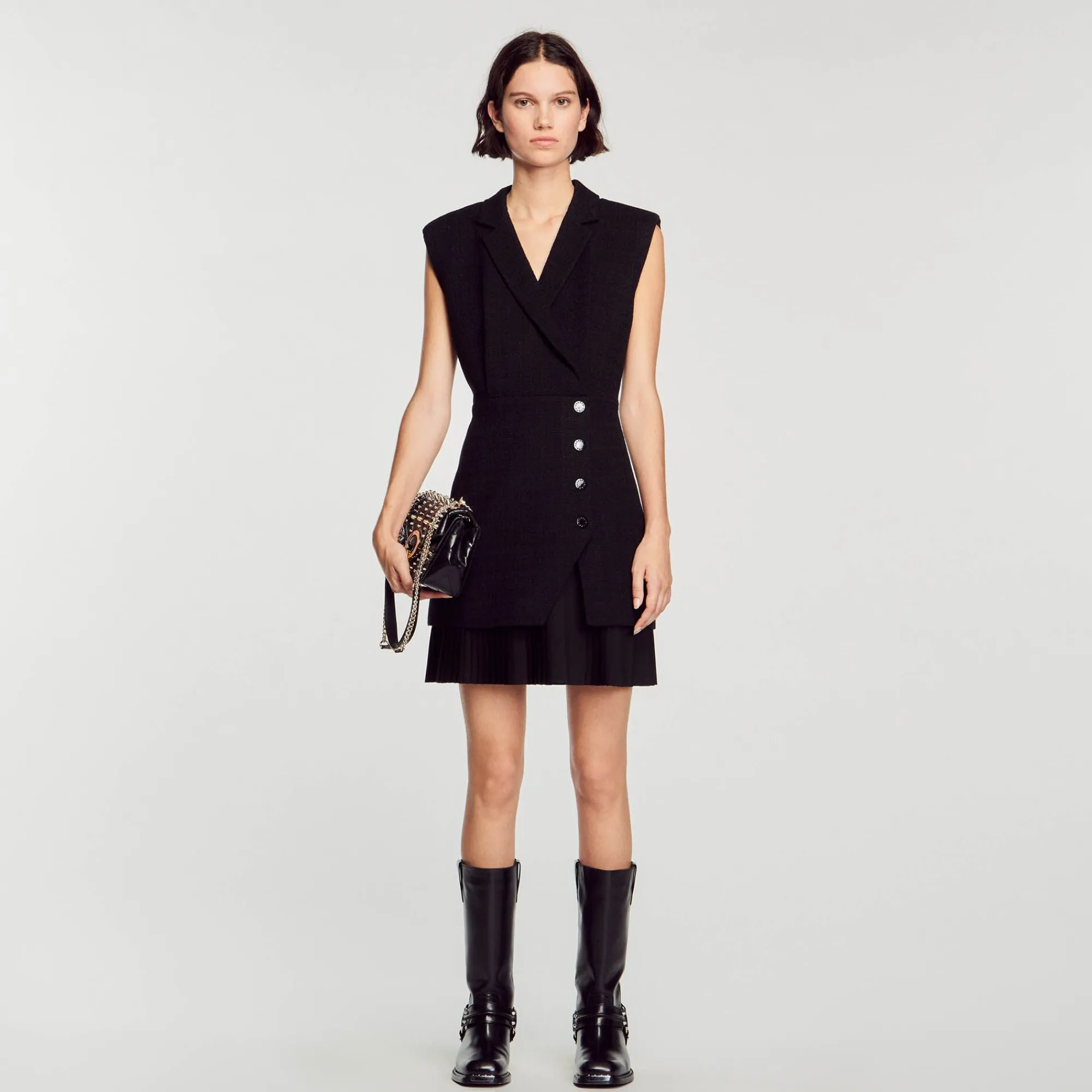 Robes*SANDRO Robe Plissée En Tweed Noir