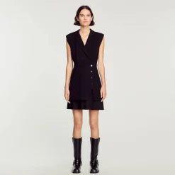 Robes*SANDRO Robe Plissée En Tweed Noir
