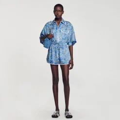 Ensembles|Jupes & Shorts*SANDRO Short à Imprimé Fleuri Bleu / Blanc
