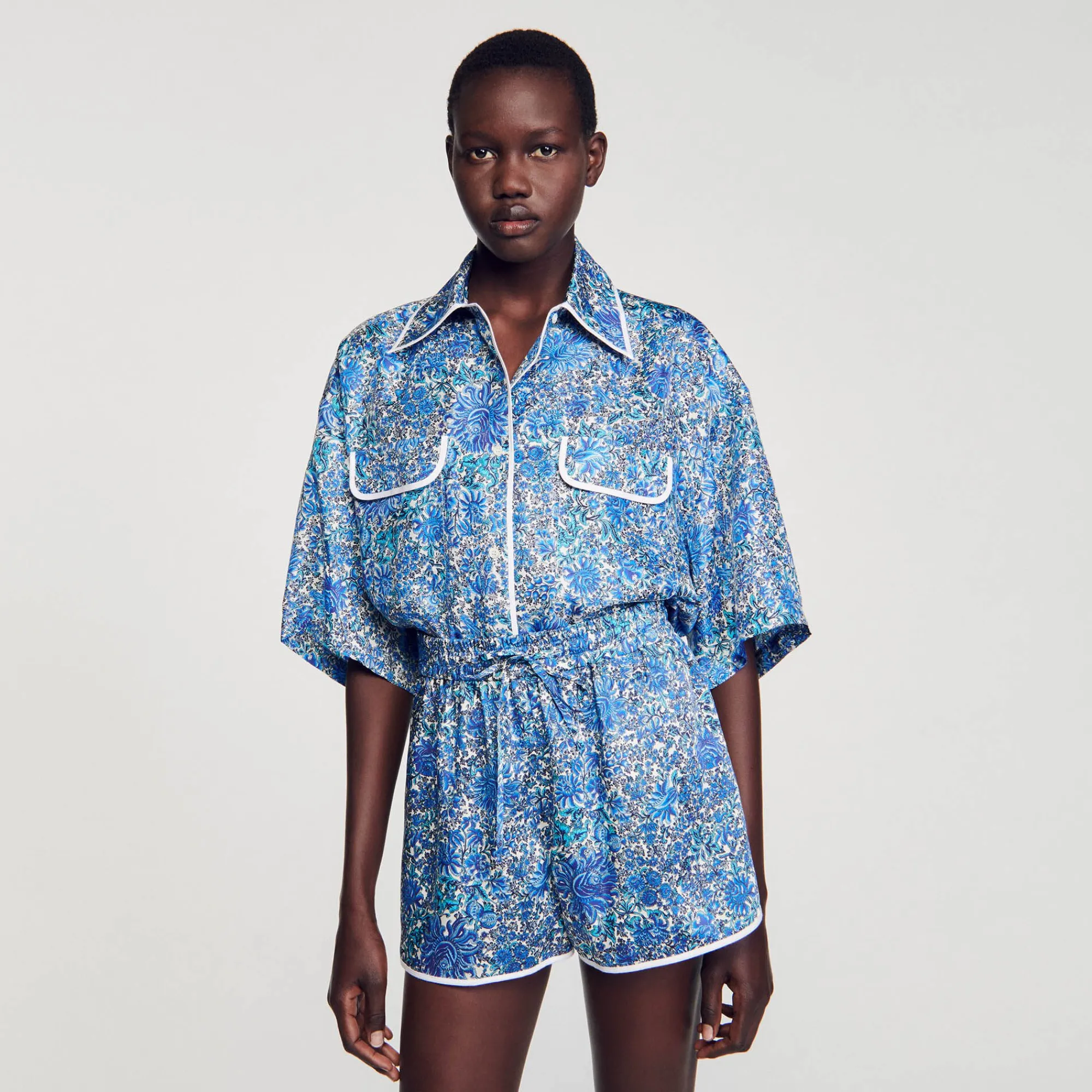 Ensembles|Jupes & Shorts*SANDRO Short à Imprimé Fleuri Bleu / Blanc