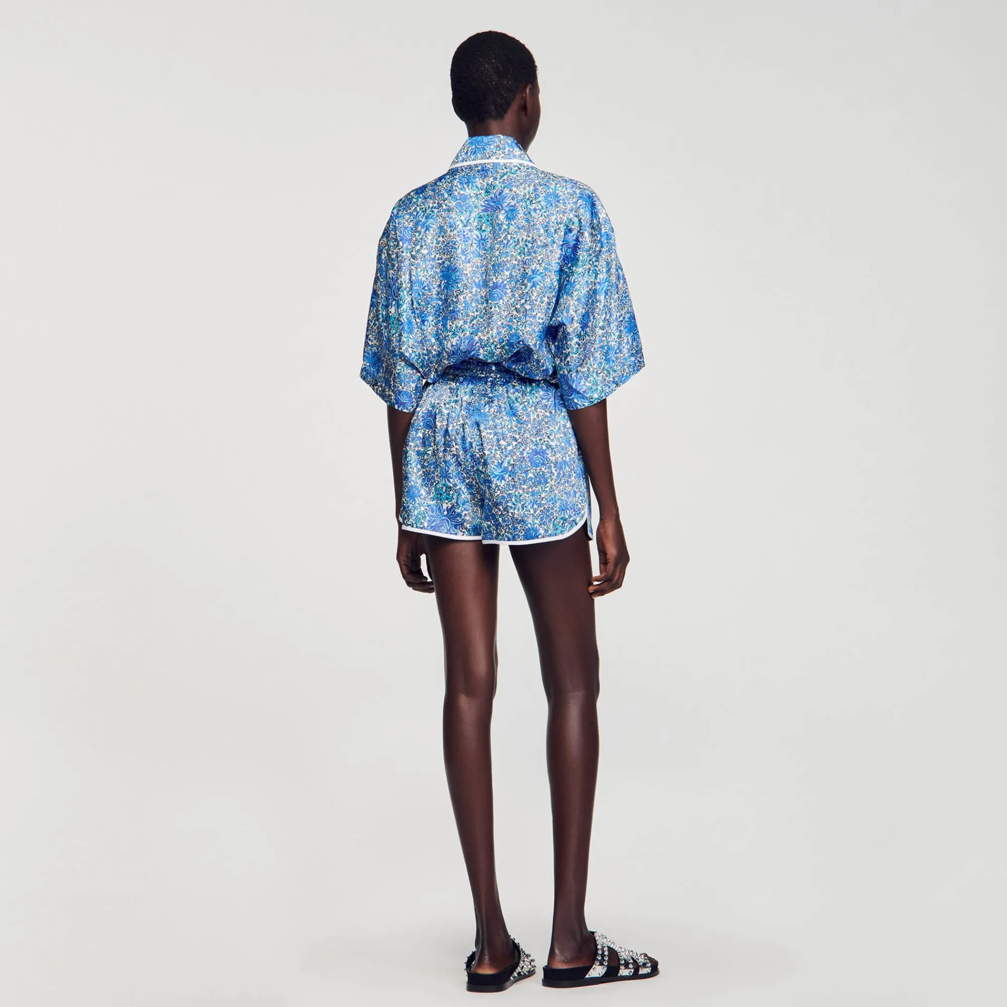 Ensembles|Jupes & Shorts*SANDRO Short à Imprimé Fleuri Bleu / Blanc