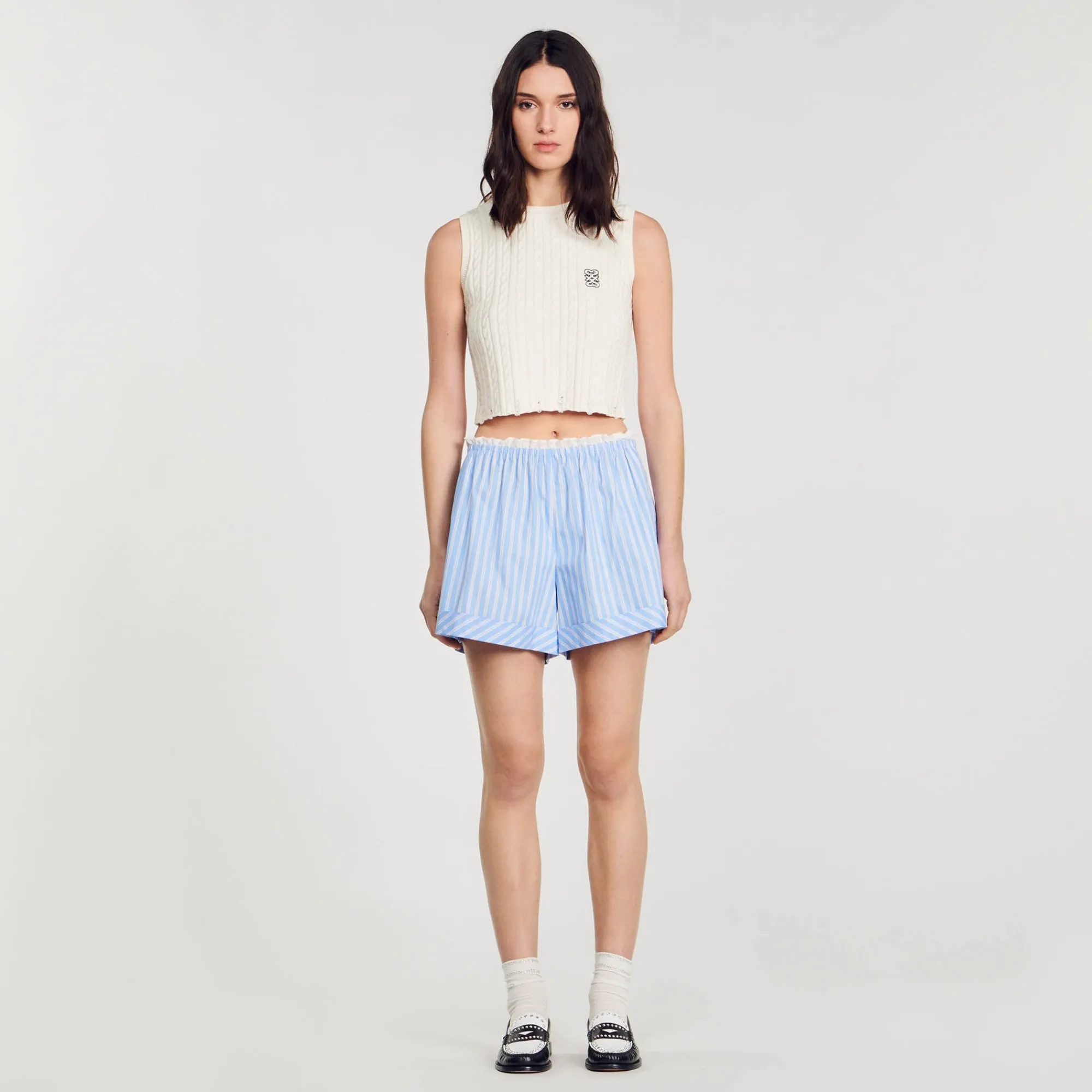Ensembles|Jupes & Shorts*SANDRO Short Large En Coton Bleu / Blanc