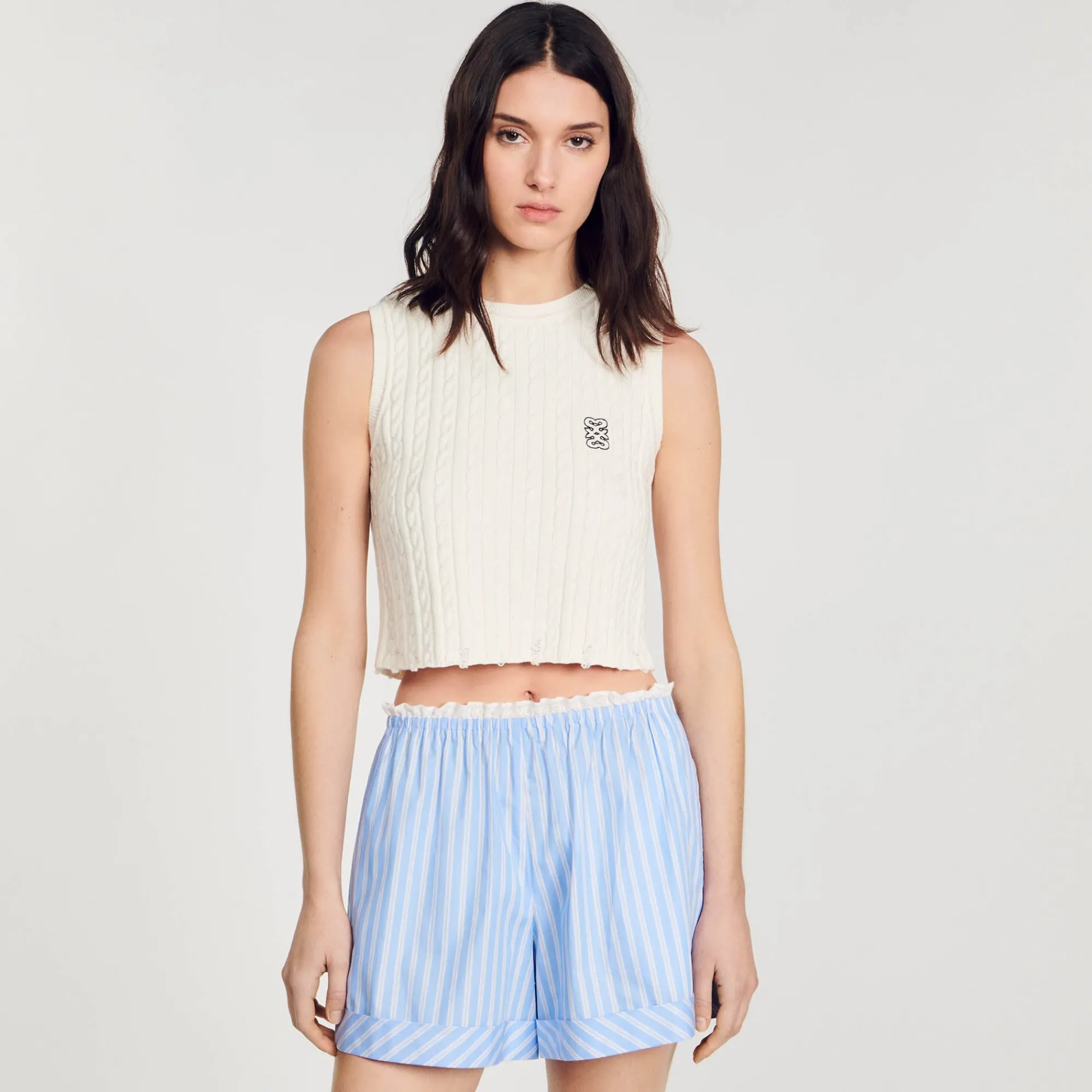 Ensembles|Jupes & Shorts*SANDRO Short Large En Coton Bleu / Blanc