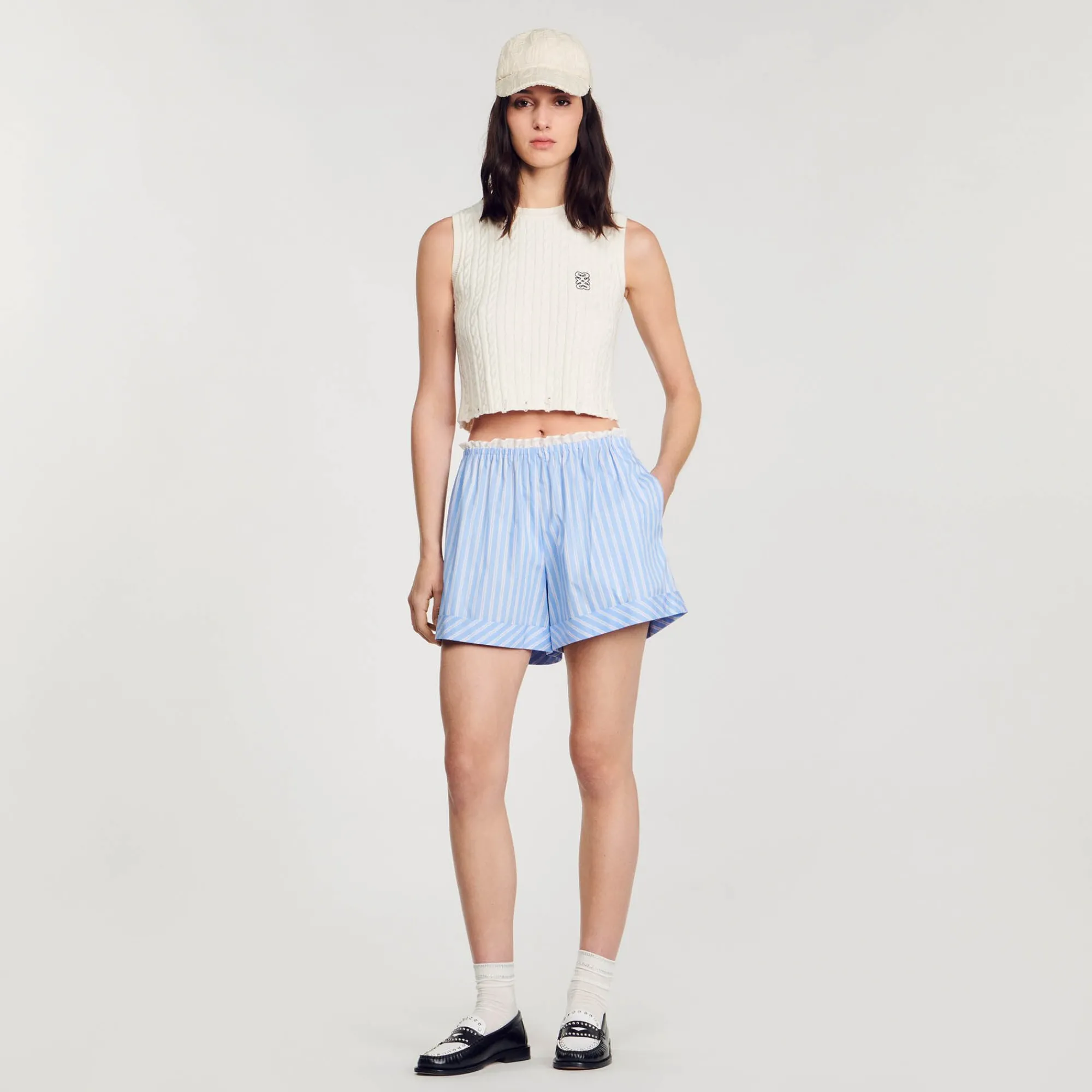 Ensembles|Jupes & Shorts*SANDRO Short Large En Coton Bleu / Blanc