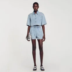 Ensembles|Jupes & Shorts*SANDRO Short Large En Denim Orné De Strass Bleu jean clair