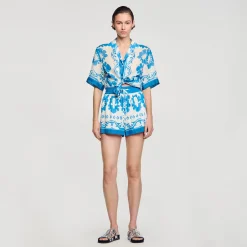 Jupes & Shorts*SANDRO Short Large Imprimé Bleu / Blanc