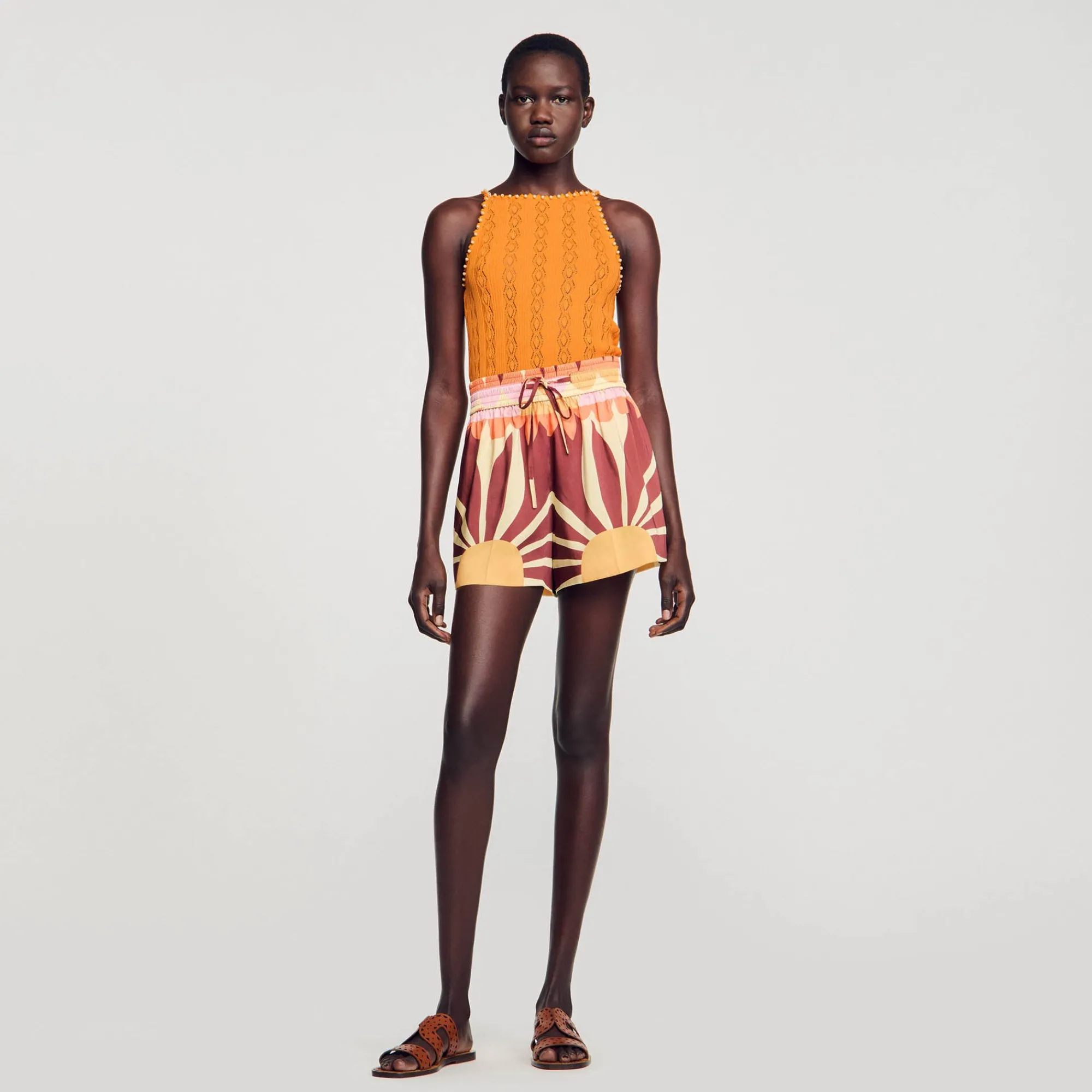 Ensembles|Jupes & Shorts*SANDRO Short Satiné Imprimé Marron