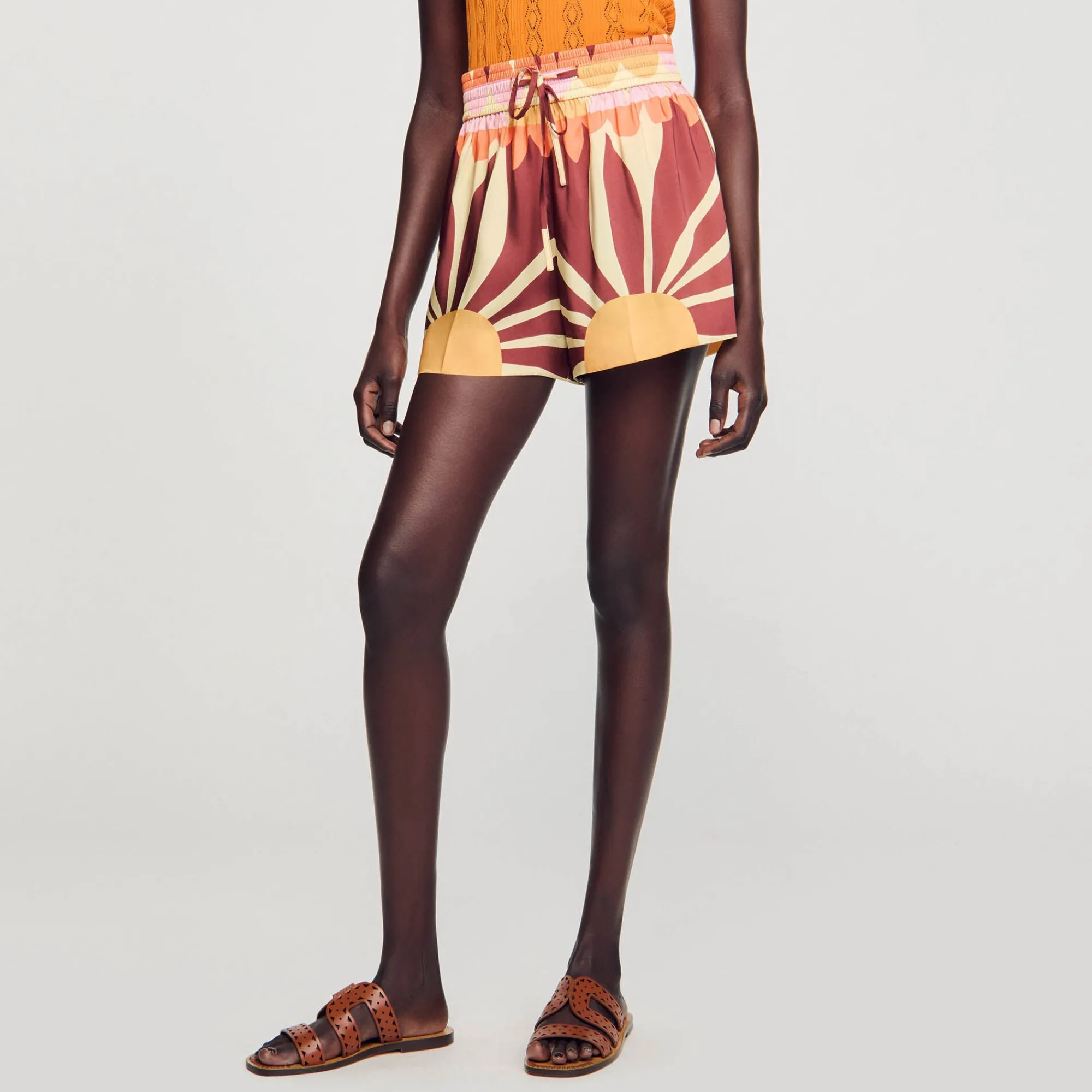 Ensembles|Jupes & Shorts*SANDRO Short Satiné Imprimé Marron