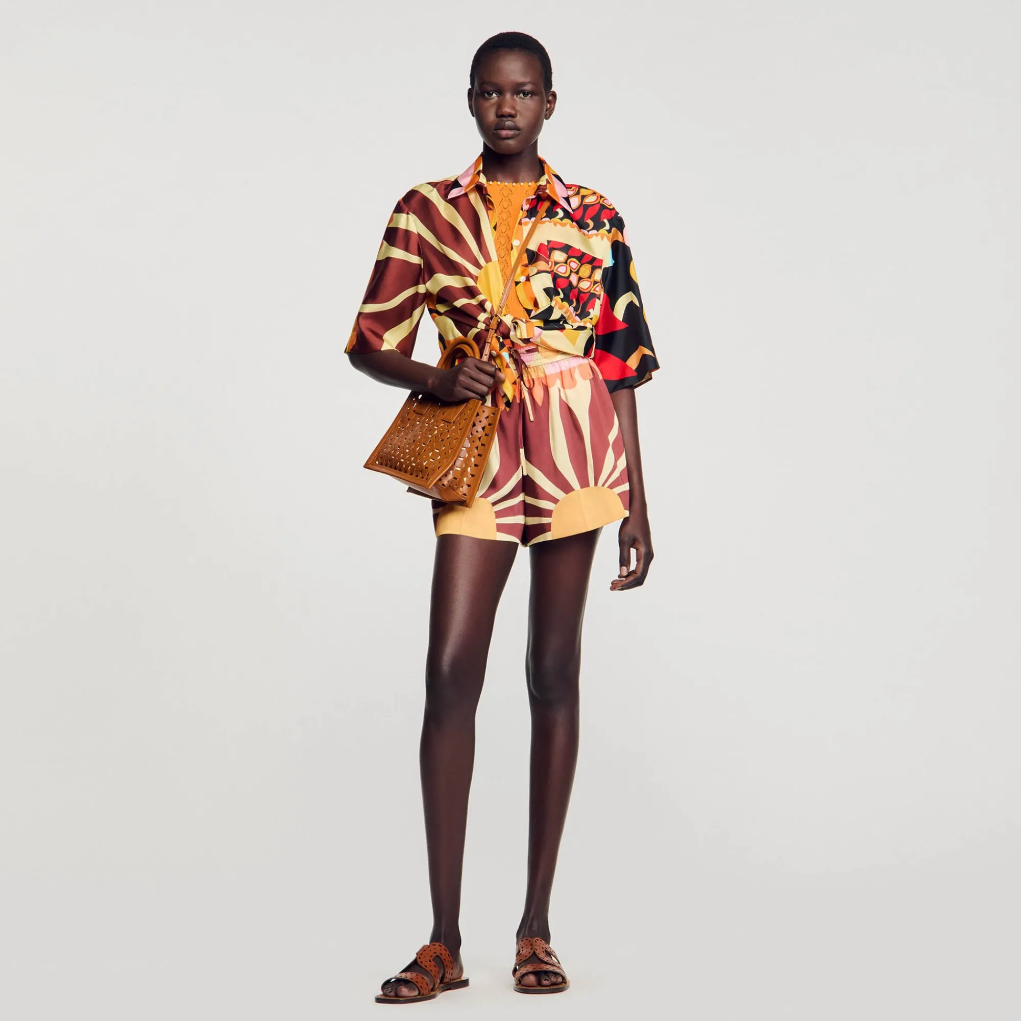Ensembles|Jupes & Shorts*SANDRO Short Satiné Imprimé Marron