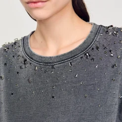 T-Shirts*SANDRO Tee-shirt Court à Strass Gris