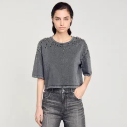 T-Shirts*SANDRO Tee-shirt Court à Strass Gris