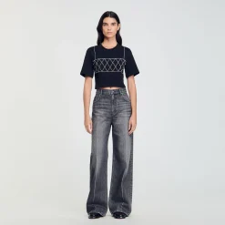 T-Shirts*SANDRO Tee-shirt Court Strassé Noir