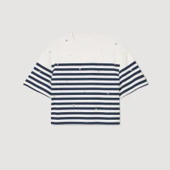 T-Shirts*SANDRO Tee-shirt Marinière à Strass Bleu / Blanc