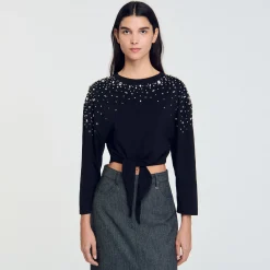 T-Shirts*SANDRO Tee-shirt Noué à Strass Noir
