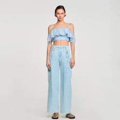 Tops & Chemises*SANDRO Top Court à Volant Bleu Ciel