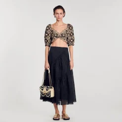 Tops & Chemises*SANDRO Top Court En Broderie Anglaise Beige / Noir