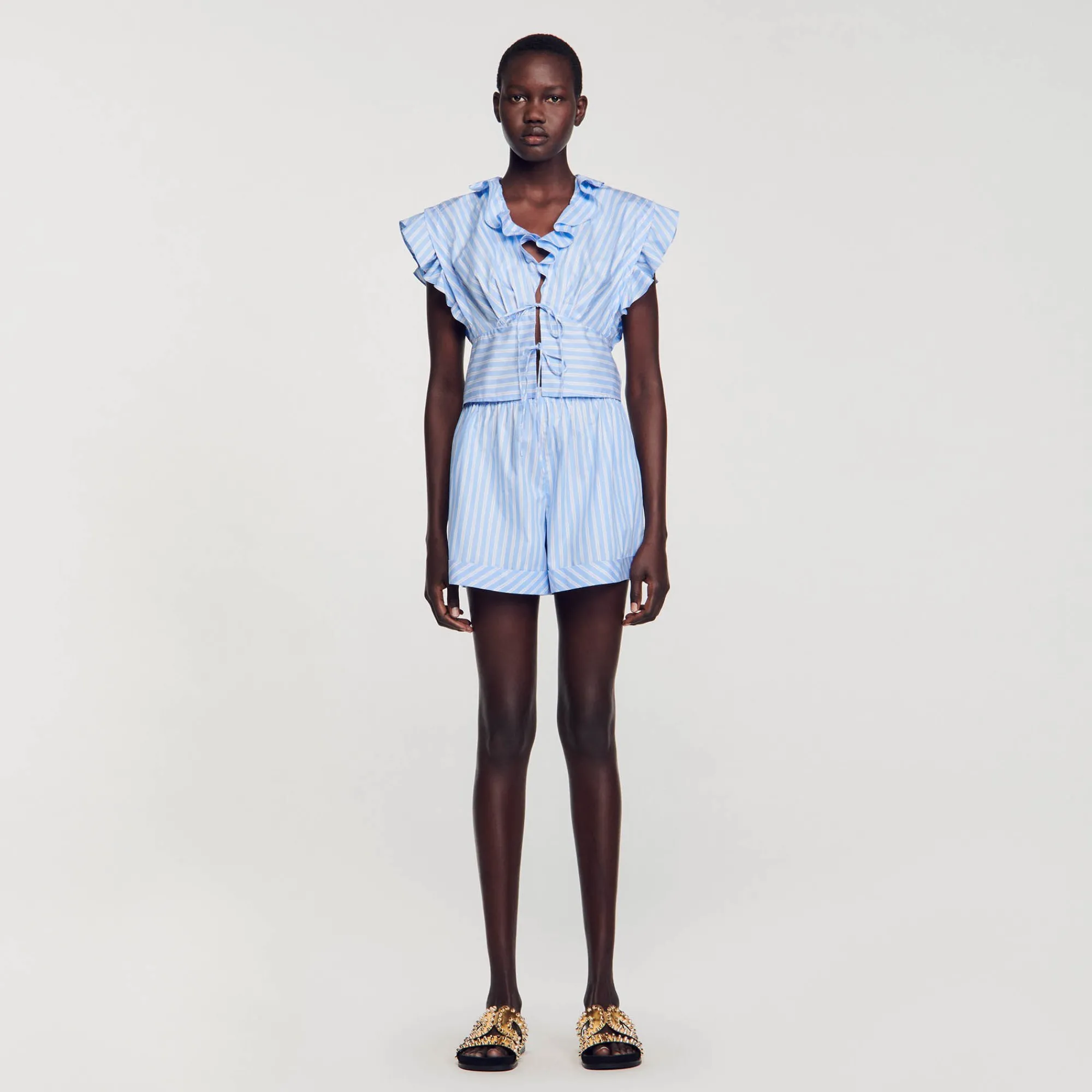 Ensembles|Tops & Chemises*SANDRO Top Court Volanté à Rayures Bleu / Blanc