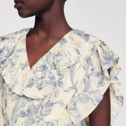 Ensembles|Tops & Chemises*SANDRO Top Fleuri à Volants Ecru / Bleu