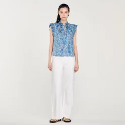 Tops & Chemises*SANDRO Top Imprimé En Soie Bleu / Blanc