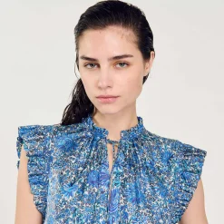 Tops & Chemises*SANDRO Top Imprimé En Soie Bleu / Blanc