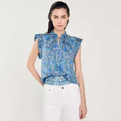 Tops & Chemises*SANDRO Top Imprimé En Soie Bleu / Blanc