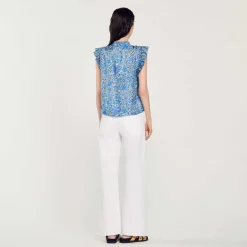 Tops & Chemises*SANDRO Top Imprimé En Soie Bleu / Blanc