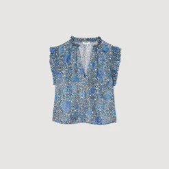 Tops & Chemises*SANDRO Top Imprimé En Soie Bleu / Blanc