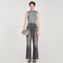 T-Shirts|Tops & Chemises*SANDRO Top Smocké à Sequins Gris